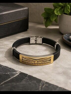 Men's Black Silicone Bracelet with Gold Greek Key Accent And Stainless Clasp
